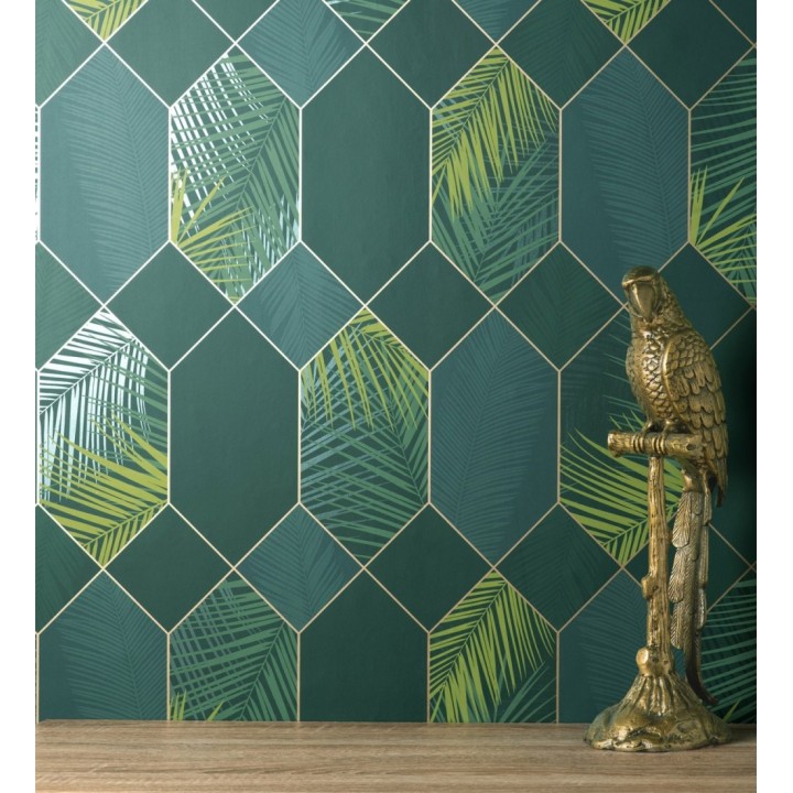 Papel pintado geométrico de hojas tropicales con líneas metalizado estilo Art Decó - Tropical Hive 681285