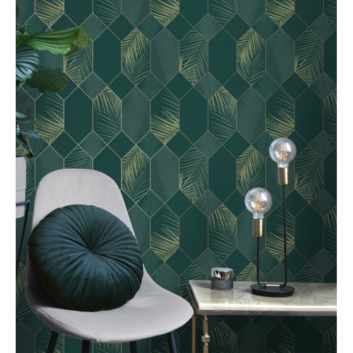 Papel pintado geométrico de hojas tropicales con líneas metalizado estilo Art Decó - Tropical Hive 681285