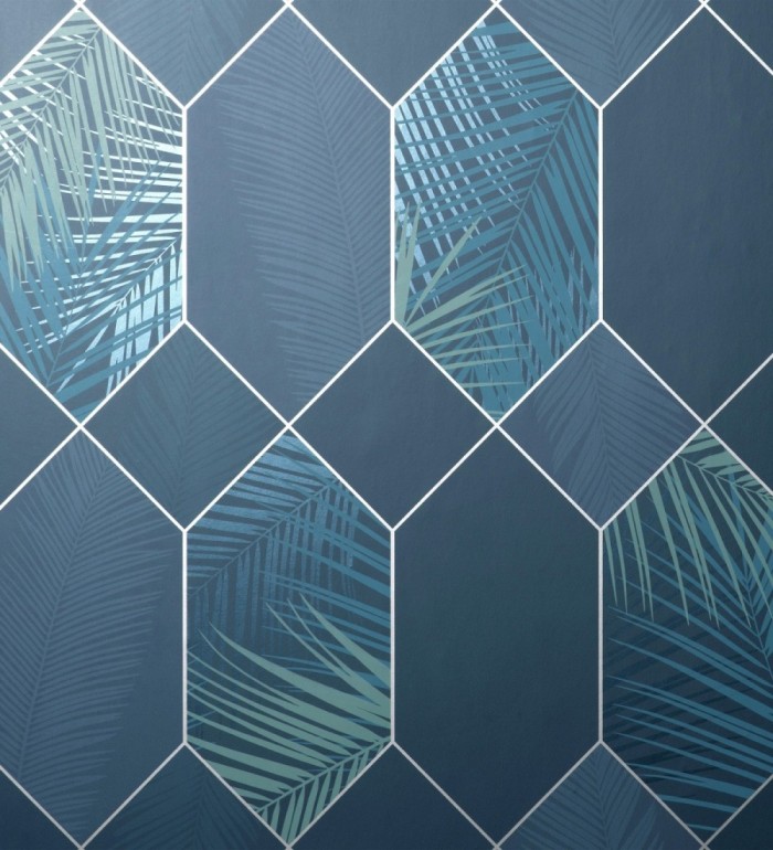 Papel pintado geométrico de hojas tropicales con líneas metalizado estilo Art Decó - Tropical Hive 681286