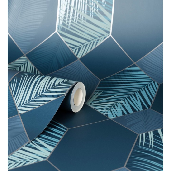 Papel pintado geométrico de hojas tropicales con líneas metalizado estilo Art Decó - Tropical Hive 681286