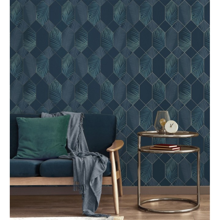 Papel pintado geométrico de hojas tropicales con líneas metalizado estilo Art Decó - Tropical Hive 681286