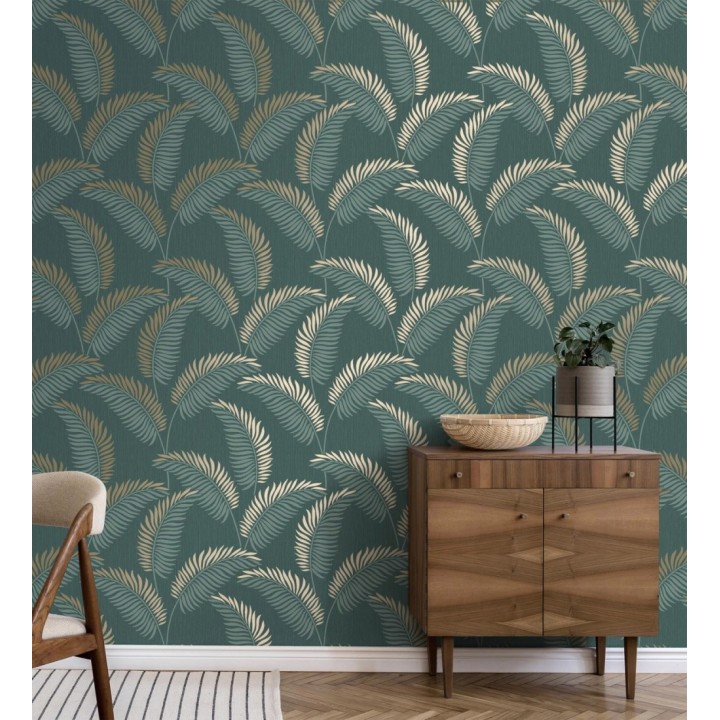 Papel pintado hojas tropicales con detalles metalizados estilo Art Decó - Alan Palmer 681289