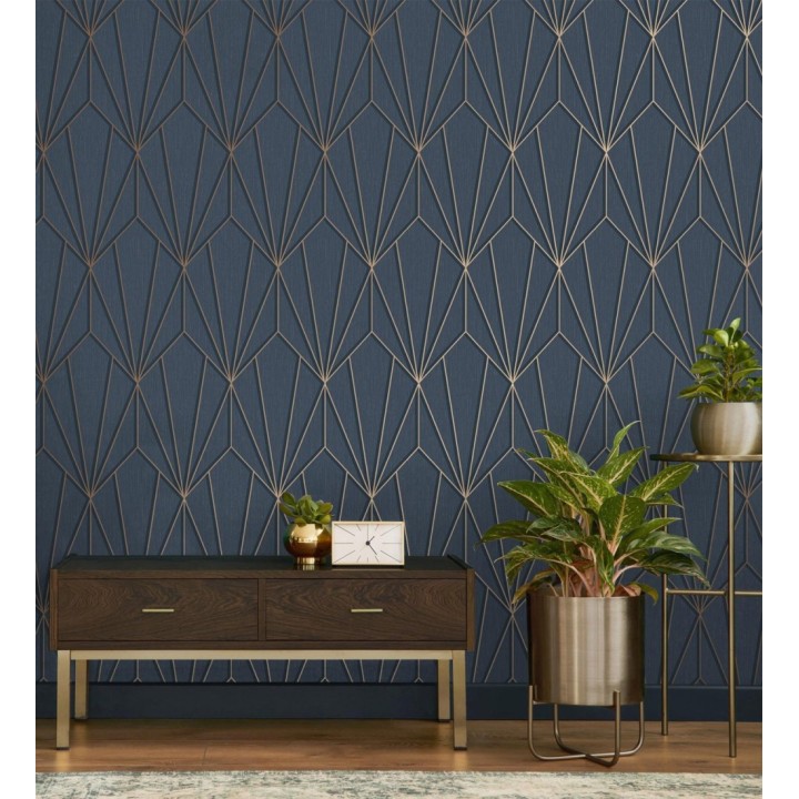 Papel pintado geométrico con líneas metalizadas estilo Art Decó - Cartier Lines 681296