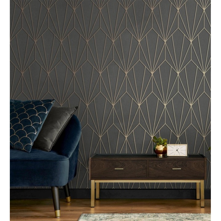 Papel pintado geométrico con líneas metalizadas estilo Art Decó - Cartier Lines 681298