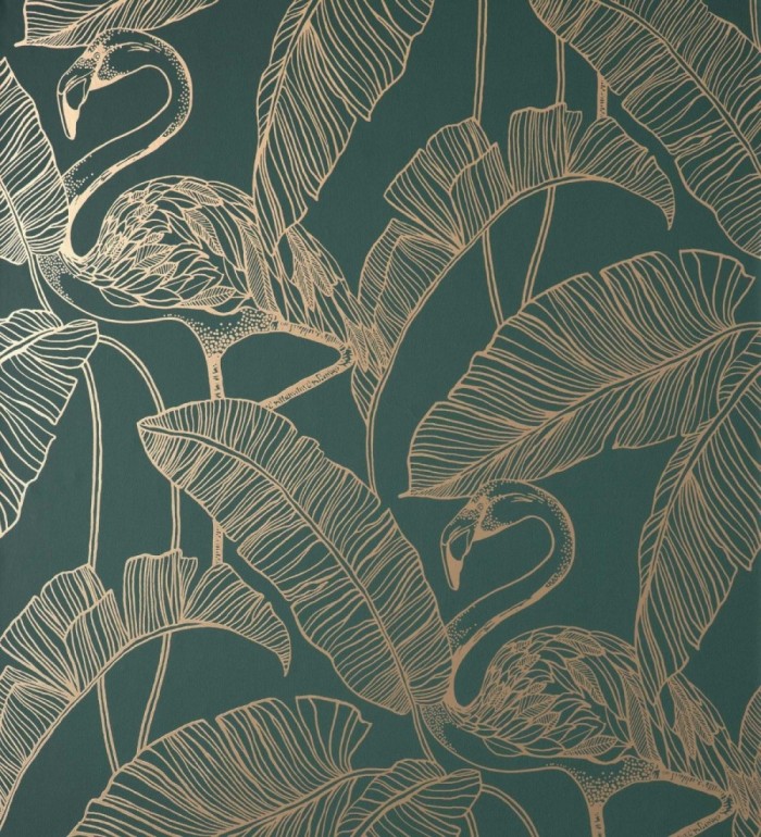 Papel pintado hojas tropicales doradas fondo verde oscuro - Luxury Flamand 681301