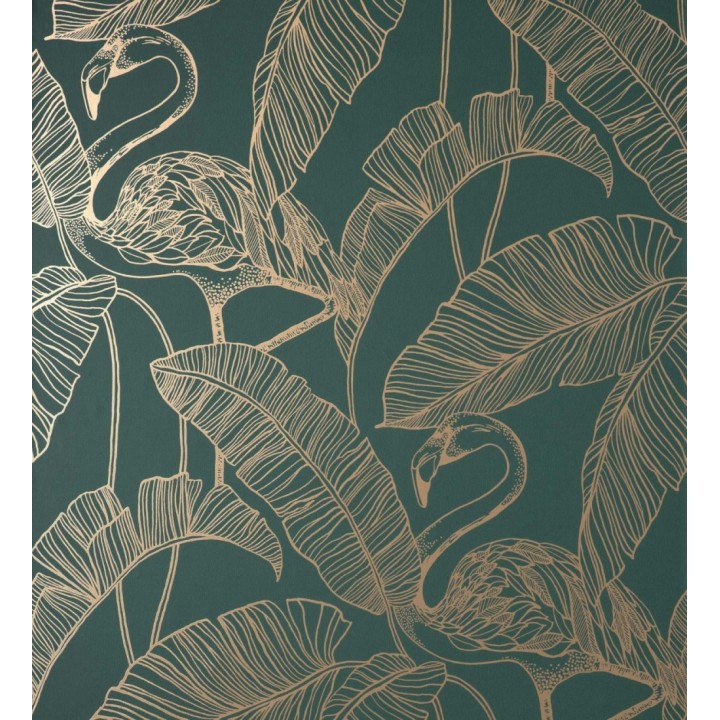 Papel pintado hojas tropicales doradas fondo verde oscuro - Luxury Flamand 681301