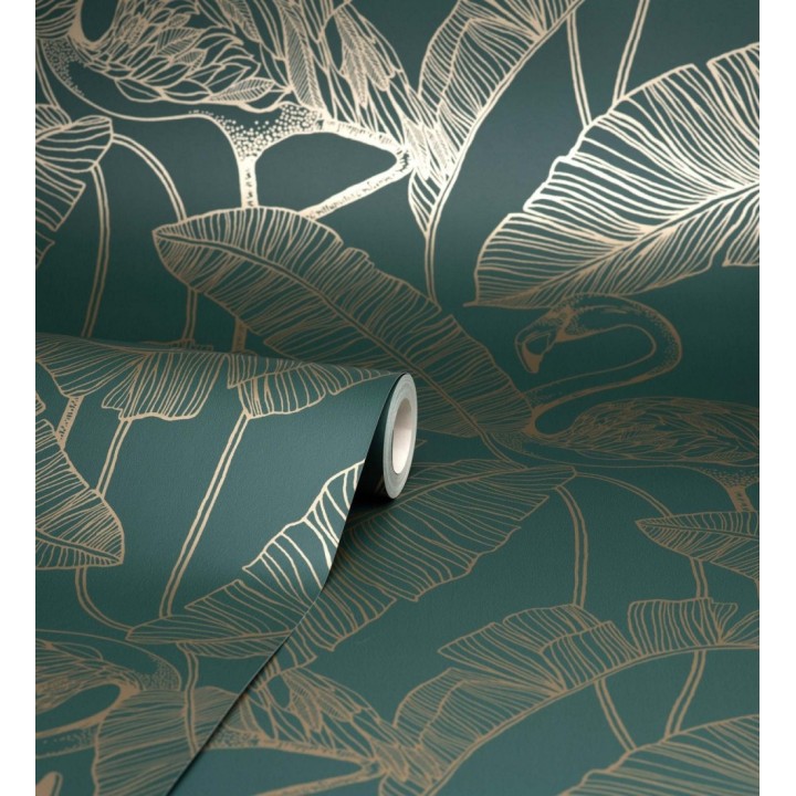 Papel pintado hojas tropicales doradas fondo verde oscuro - Luxury Flamand 681301