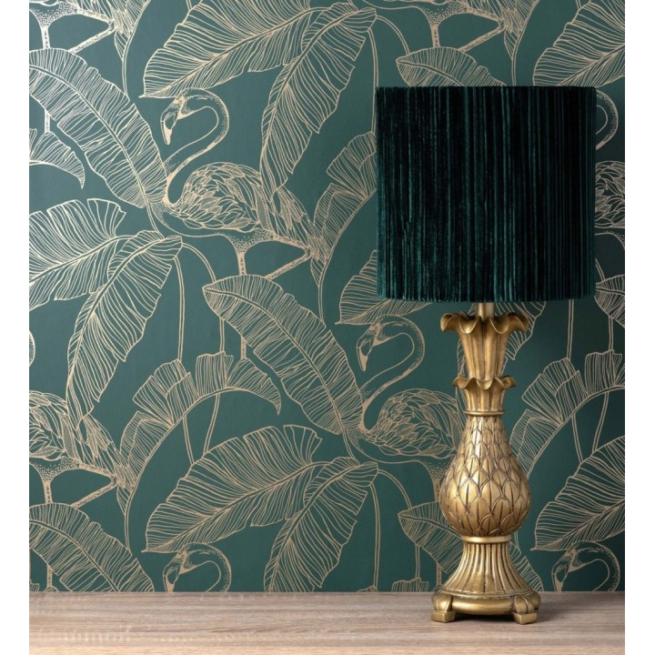 Papel pintado hojas tropicales doradas fondo verde oscuro - Luxury Flamand 681301