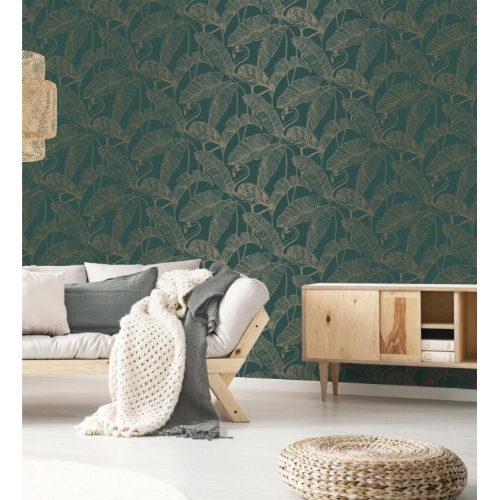 Papel pintado hojas tropicales doradas fondo verde oscuro - Luxury Flamand 681301