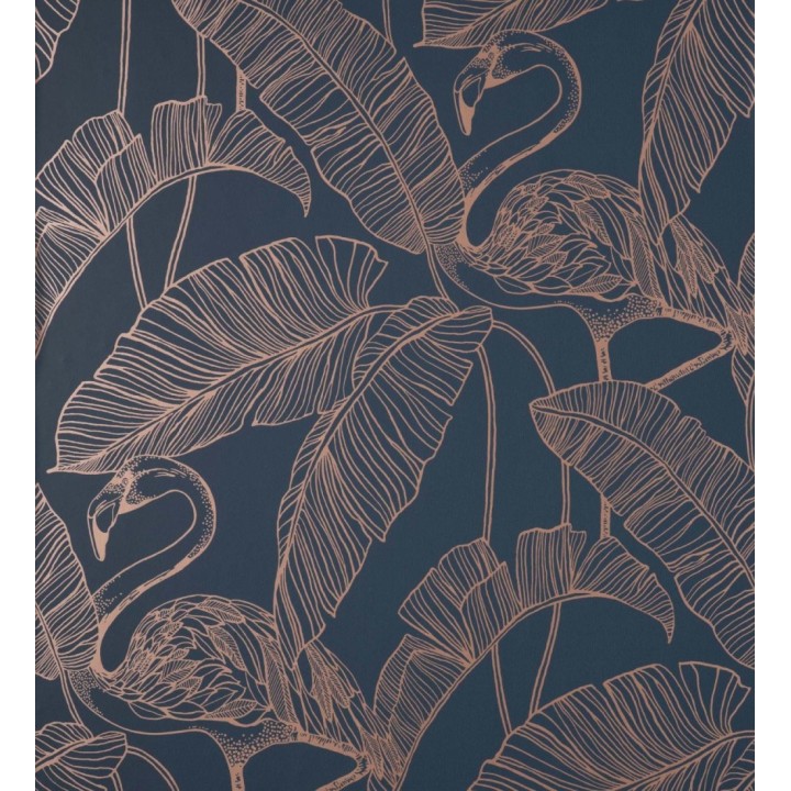 Papel pintado hojas tropicales cobre fondo azul oscuro - Luxury Flamand 681302