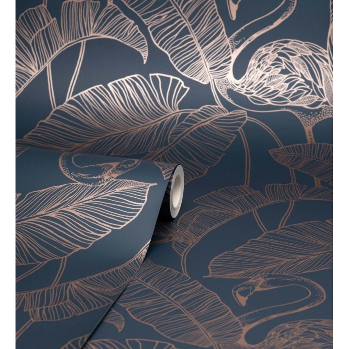 Papel pintado hojas tropicales cobre fondo azul oscuro - Luxury Flamand 681302