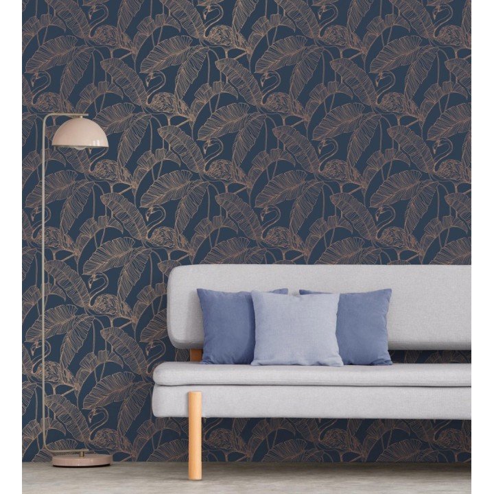 Papel pintado hojas tropicales cobre fondo azul oscuro - Luxury Flamand 681302