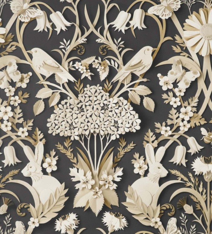 Papel pintado campestre de pájaros y conejos fondo negro - Lorraine 681303