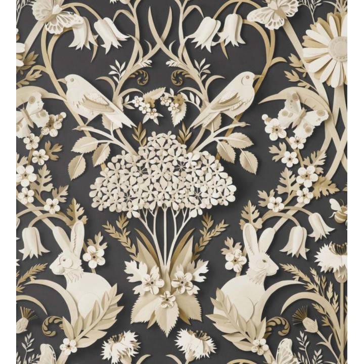 Papel pintado campestre de pájaros y conejos fondo negro - Lorraine 681303