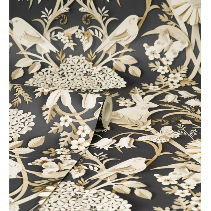 Papel pintado campestre de pájaros y conejos fondo negro - Lorraine 681303