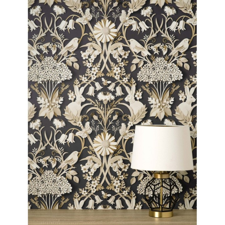 Papel pintado campestre de pájaros y conejos fondo negro - Lorraine 681303