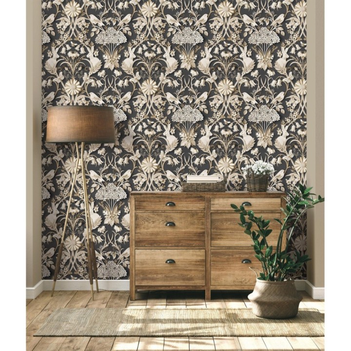 Papel pintado campestre de pájaros y conejos fondo negro - Lorraine 681303