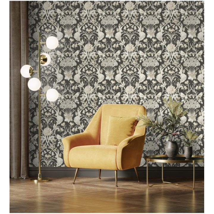 Papel pintado campestre de pájaros y conejos fondo negro - Lorraine 681303