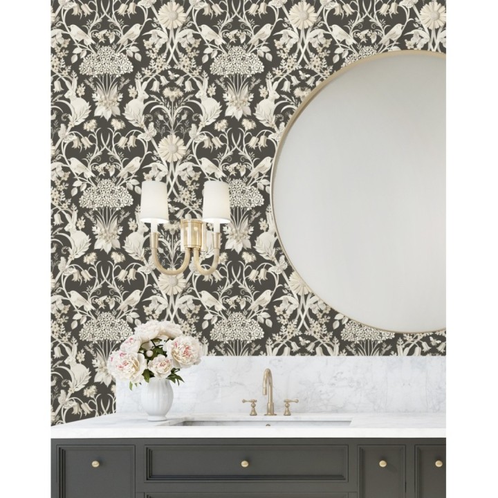 Papel pintado campestre de pájaros y conejos fondo negro - Lorraine 681303