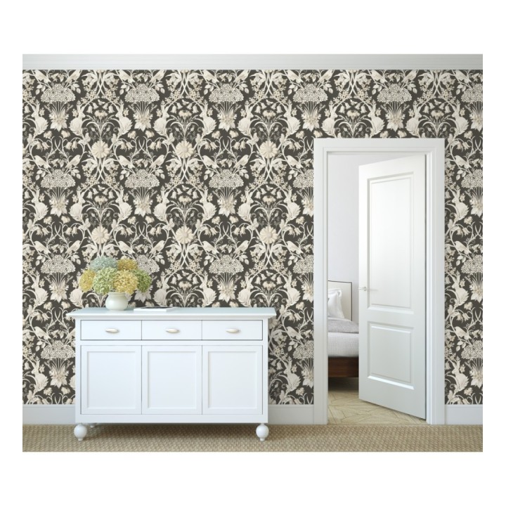 Papel pintado campestre de pájaros y conejos fondo negro - Lorraine 681303