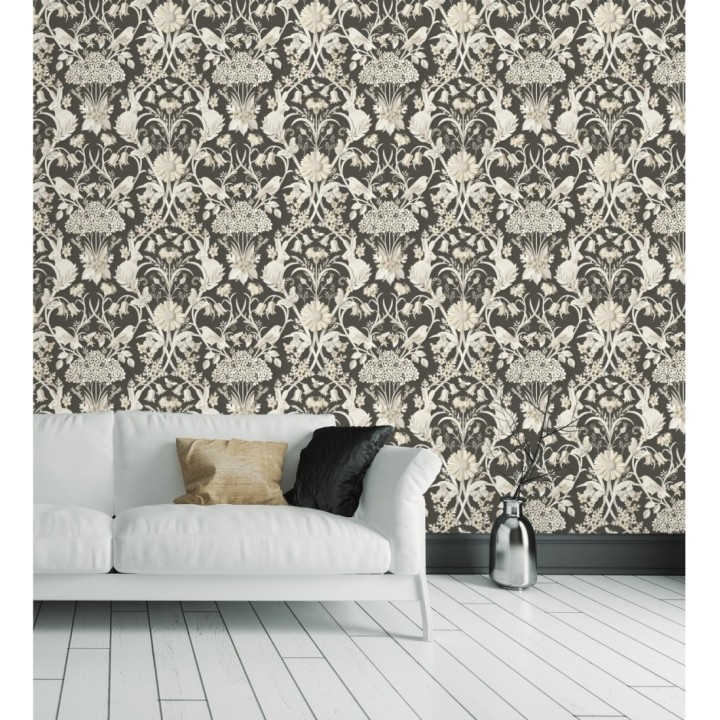 Papel pintado campestre de pájaros y conejos fondo negro - Lorraine 681303