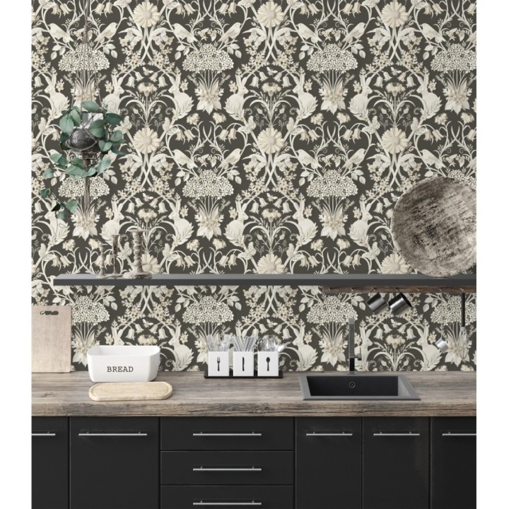 Papel pintado campestre de pájaros y conejos fondo negro - Lorraine 681303