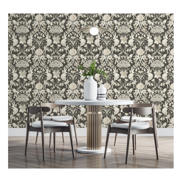 Papel pintado campestre de pájaros y conejos fondo negro - Lorraine 681303