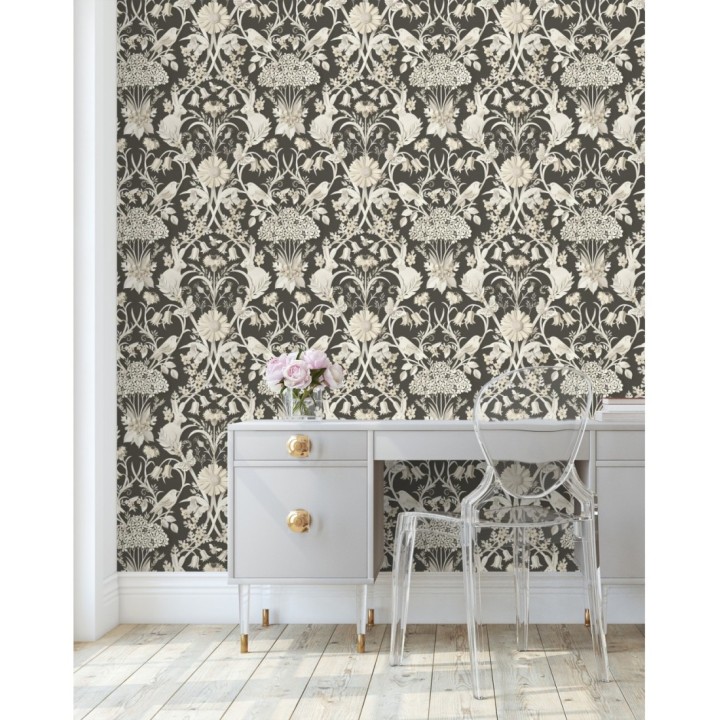 Papel pintado campestre de pájaros y conejos fondo negro - Lorraine 681303