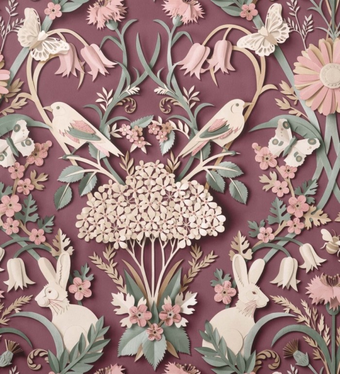 Papel pintado campestre de pájaros y conejos fondo burdeos - Lorraine 681304