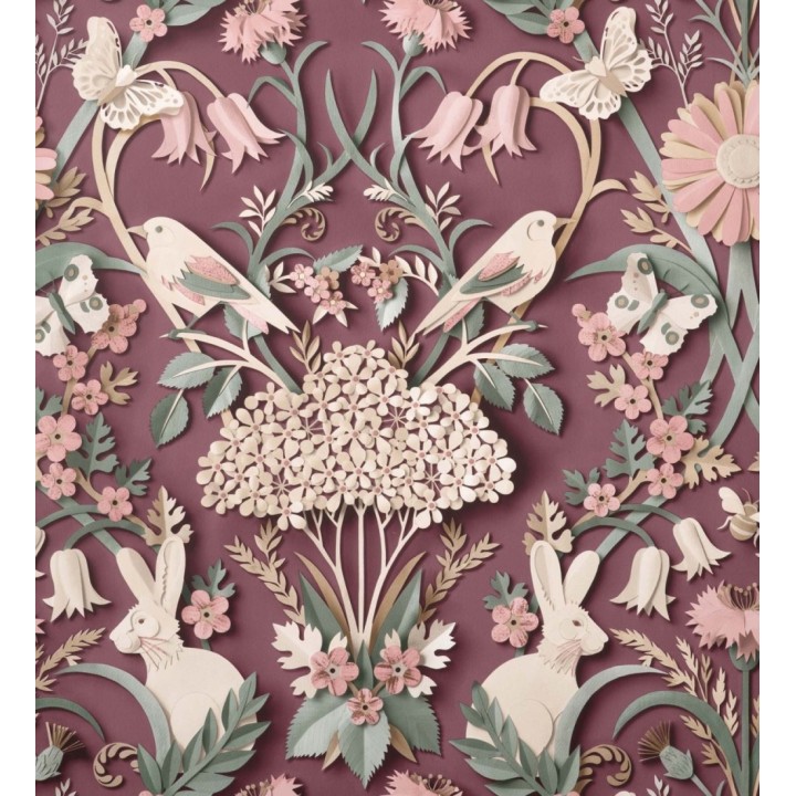 Papel pintado campestre de pájaros y conejos fondo burdeos - Lorraine 681304