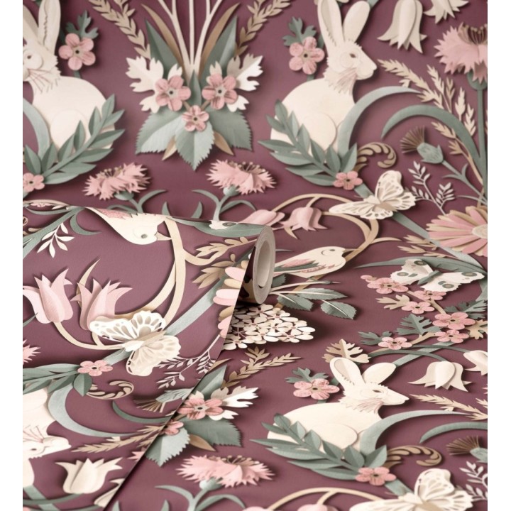 Papel pintado campestre de pájaros y conejos fondo burdeos - Lorraine 681304