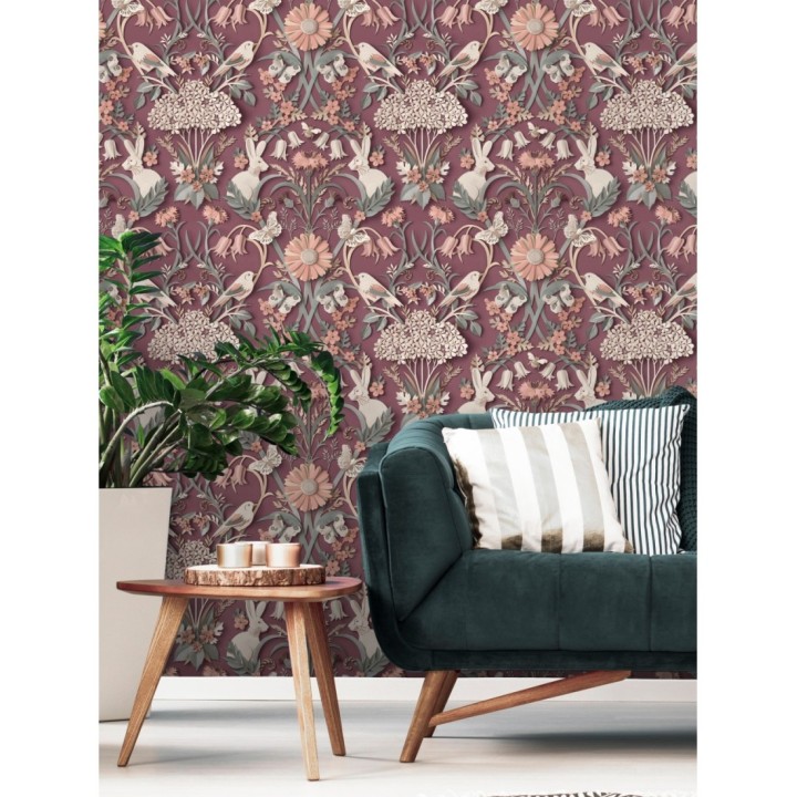 Papel pintado campestre de pájaros y conejos fondo burdeos - Lorraine 681304