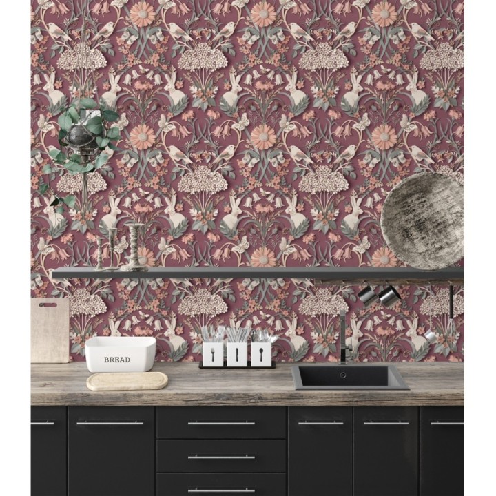 Papel pintado campestre de pájaros y conejos fondo burdeos - Lorraine 681304