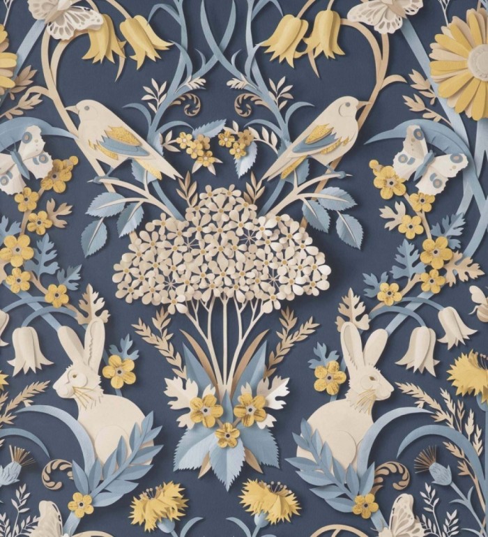 Papel pintado campestre de pájaros y conejos fondo azul - Lorraine 681305