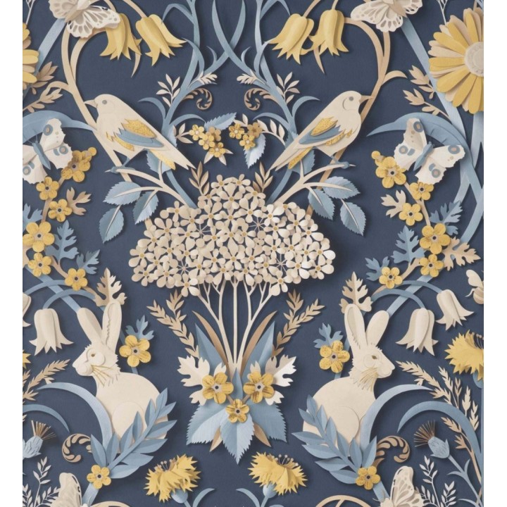 Papel pintado campestre de pájaros y conejos fondo azul - Lorraine 681305