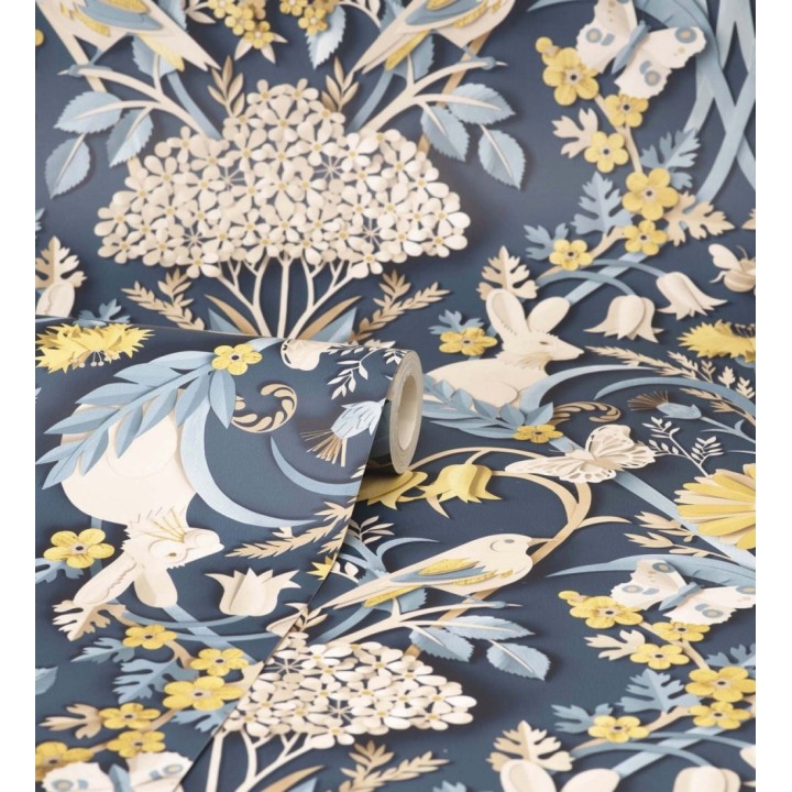 Papel pintado campestre de pájaros y conejos fondo azul - Lorraine 681305