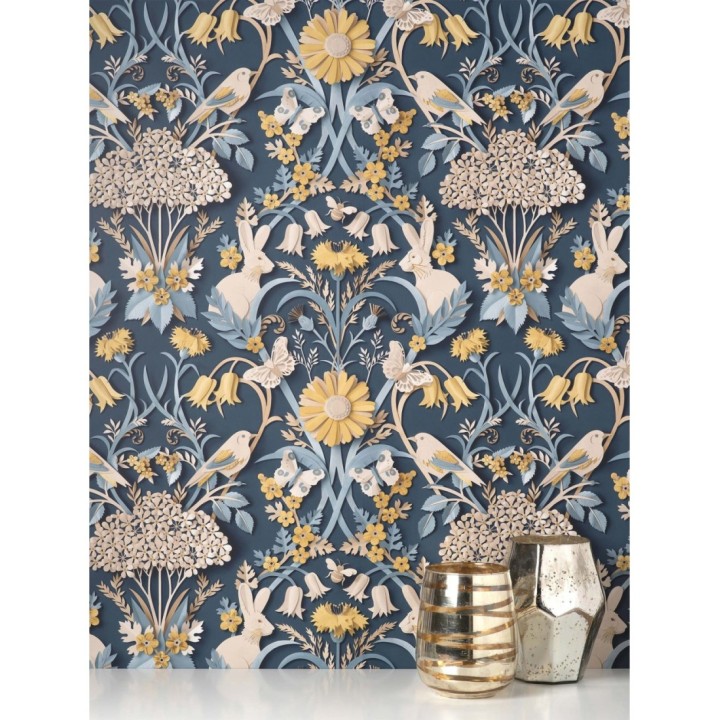 Papel pintado campestre de pájaros y conejos fondo azul - Lorraine 681305