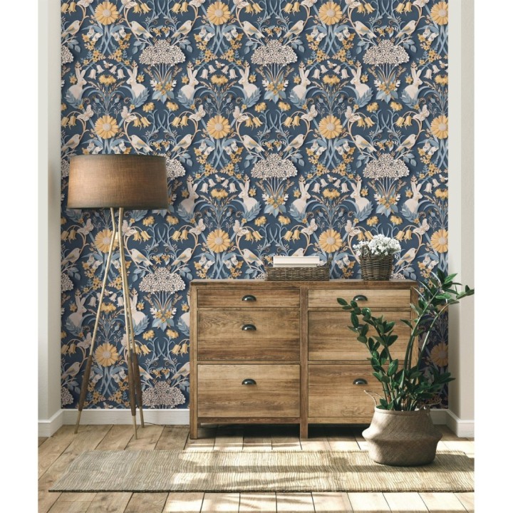 Papel pintado campestre de pájaros y conejos fondo azul - Lorraine 681305