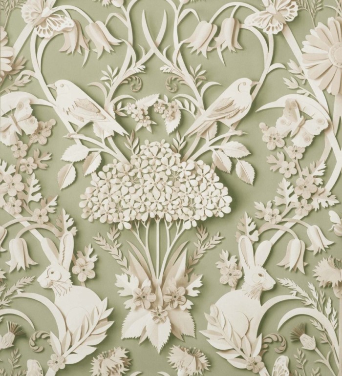 Papel pintado campestre de pájaros y conejos fondo verde - Lorraine 681306