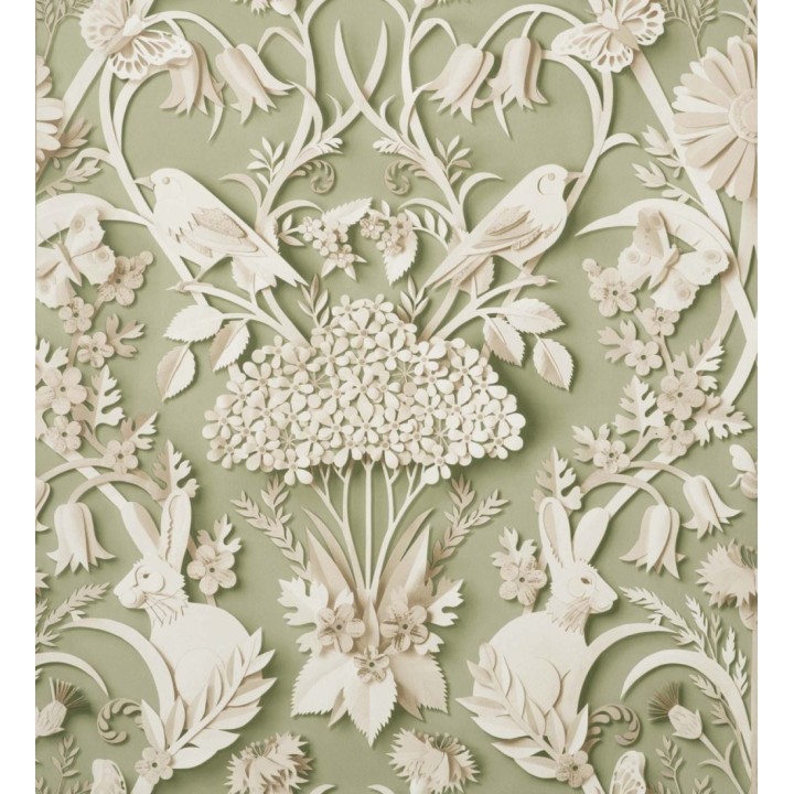 Papel pintado campestre de pájaros y conejos fondo verde - Lorraine 681306