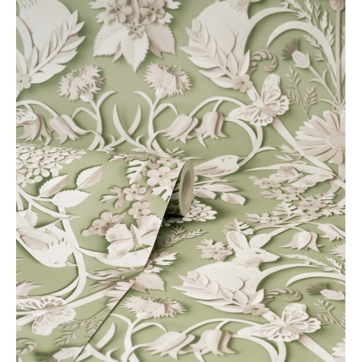 Papel pintado campestre de pájaros y conejos fondo verde - Lorraine 681306