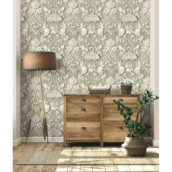 Papel pintado campestre de pájaros y conejos fondo verde - Lorraine 681306