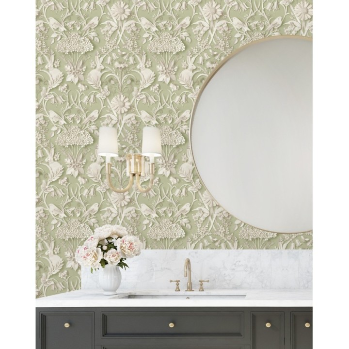 Papel pintado campestre de pájaros y conejos fondo verde - Lorraine 681306