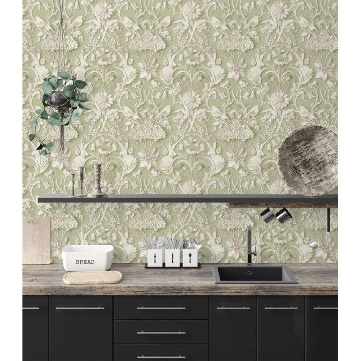 Papel pintado campestre de pájaros y conejos fondo verde - Lorraine 681306