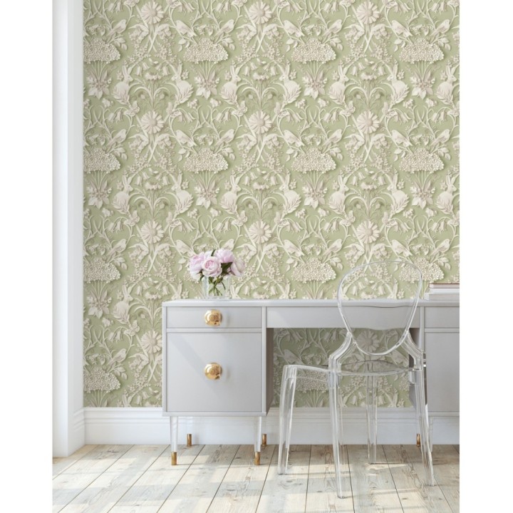 Papel pintado campestre de pájaros y conejos fondo verde - Lorraine 681306