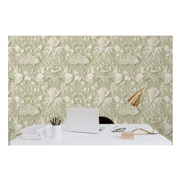 Papel pintado campestre de pájaros y conejos fondo verde - Lorraine 681306