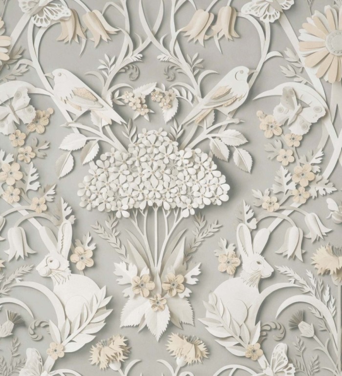 Papel pintado campestre de pájaros y conejos gris - Lorraine 681307