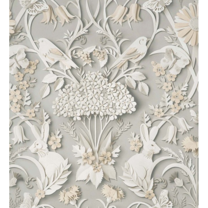 Papel pintado campestre de pájaros y conejos gris - Lorraine 681307