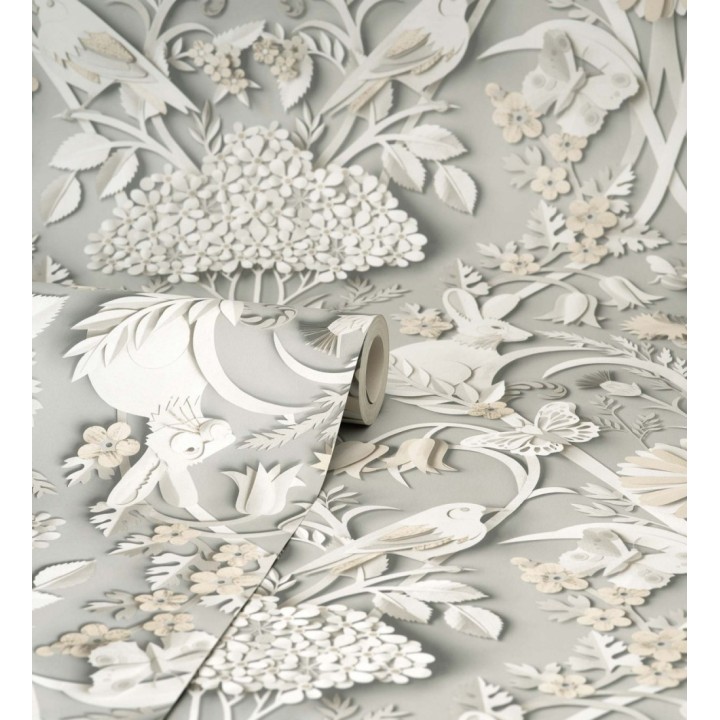 Papel pintado campestre de pájaros y conejos gris - Lorraine 681307