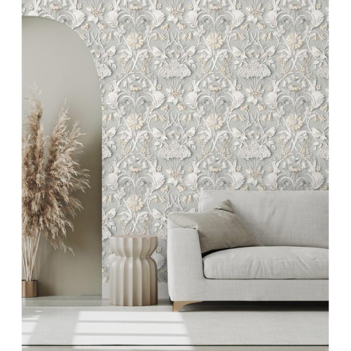 Papel pintado campestre de pájaros y conejos gris - Lorraine 681307